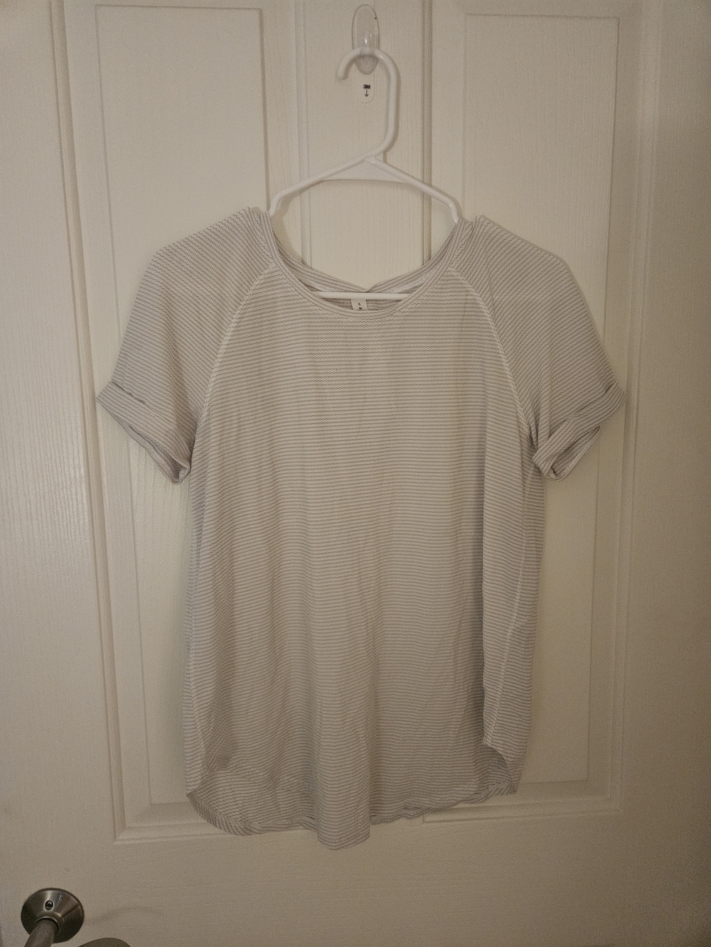 lululemon athletica Light Gray Striped Short Sleeve Split Back Top
